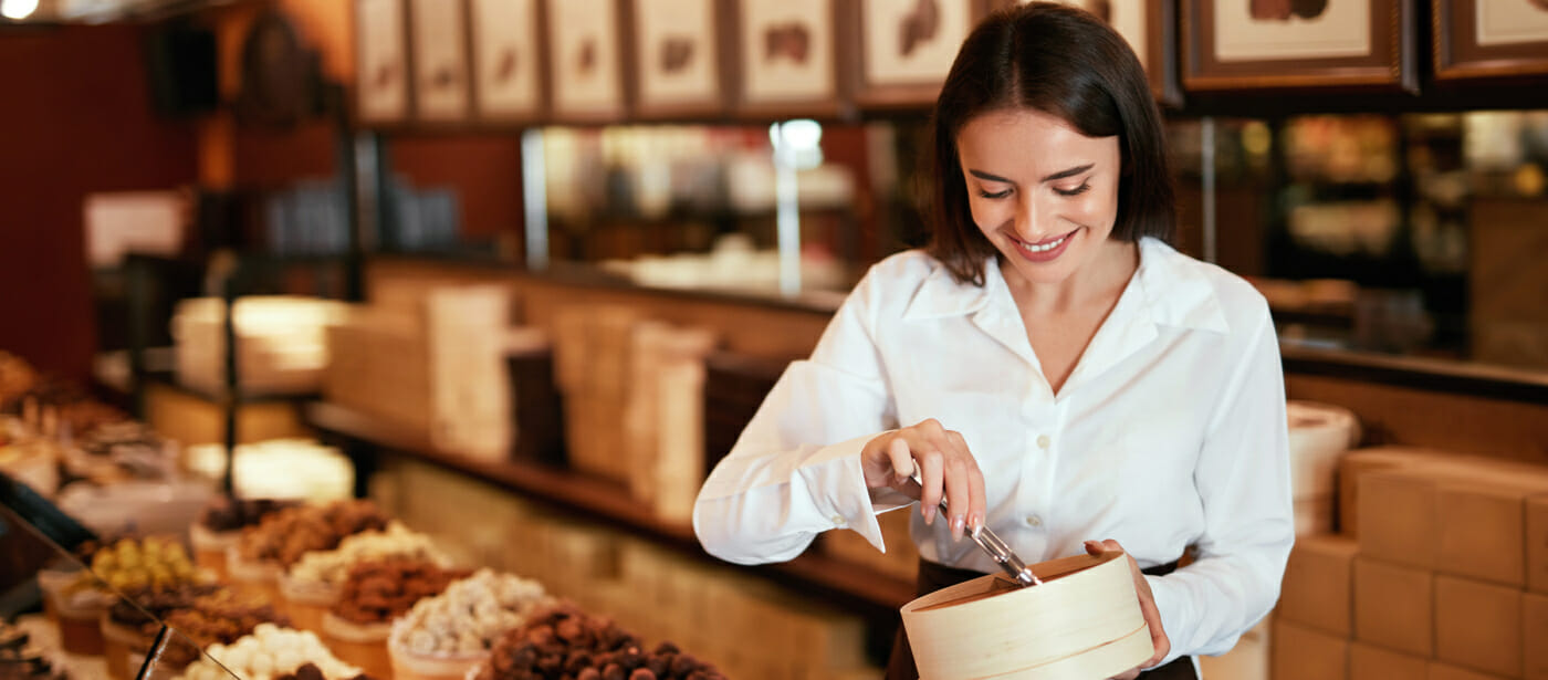 Allergen Free Chocolate Shopping in a store with a woman attendant